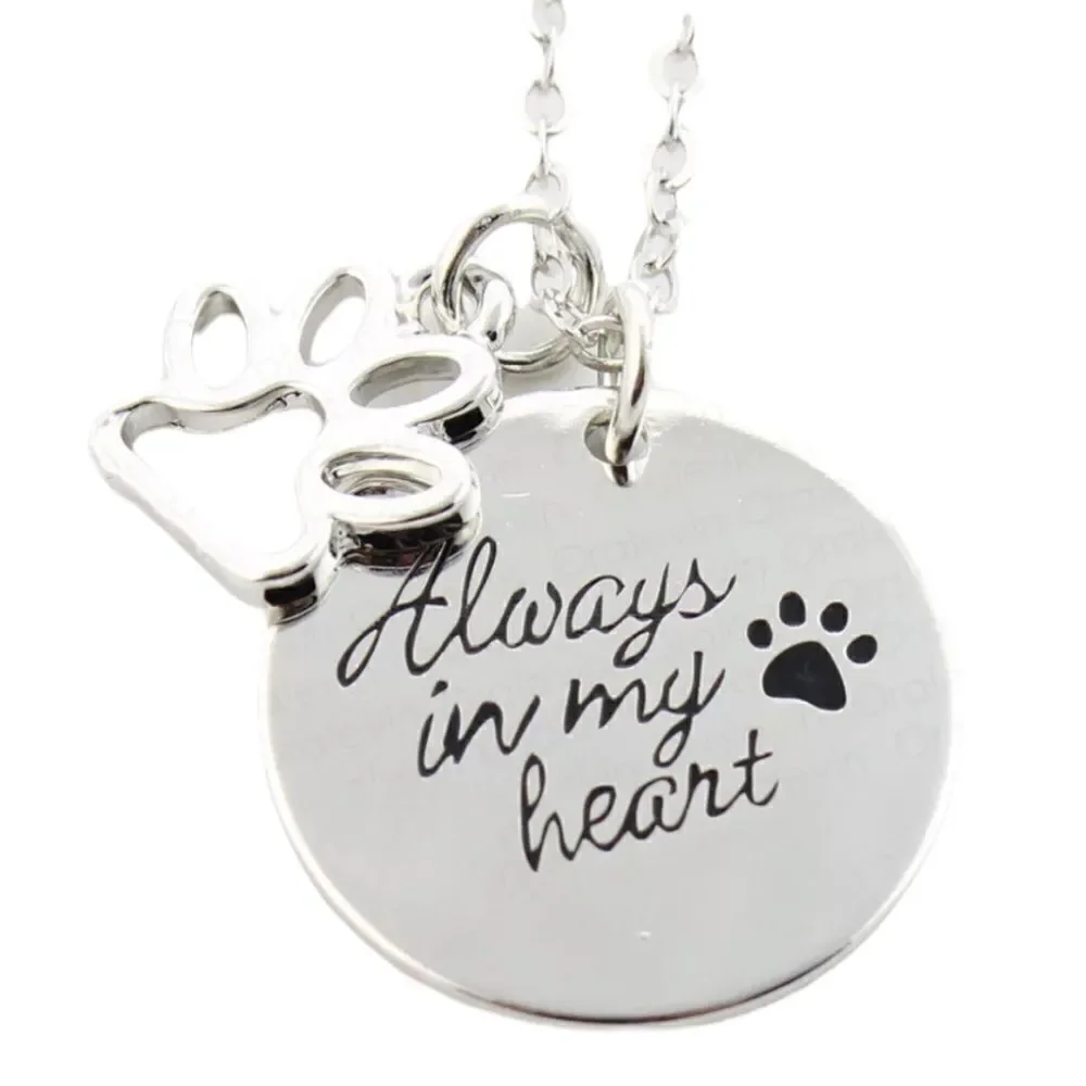 Dog Always In My Heart Paw Print Silver Plated Charm Necklace NWT